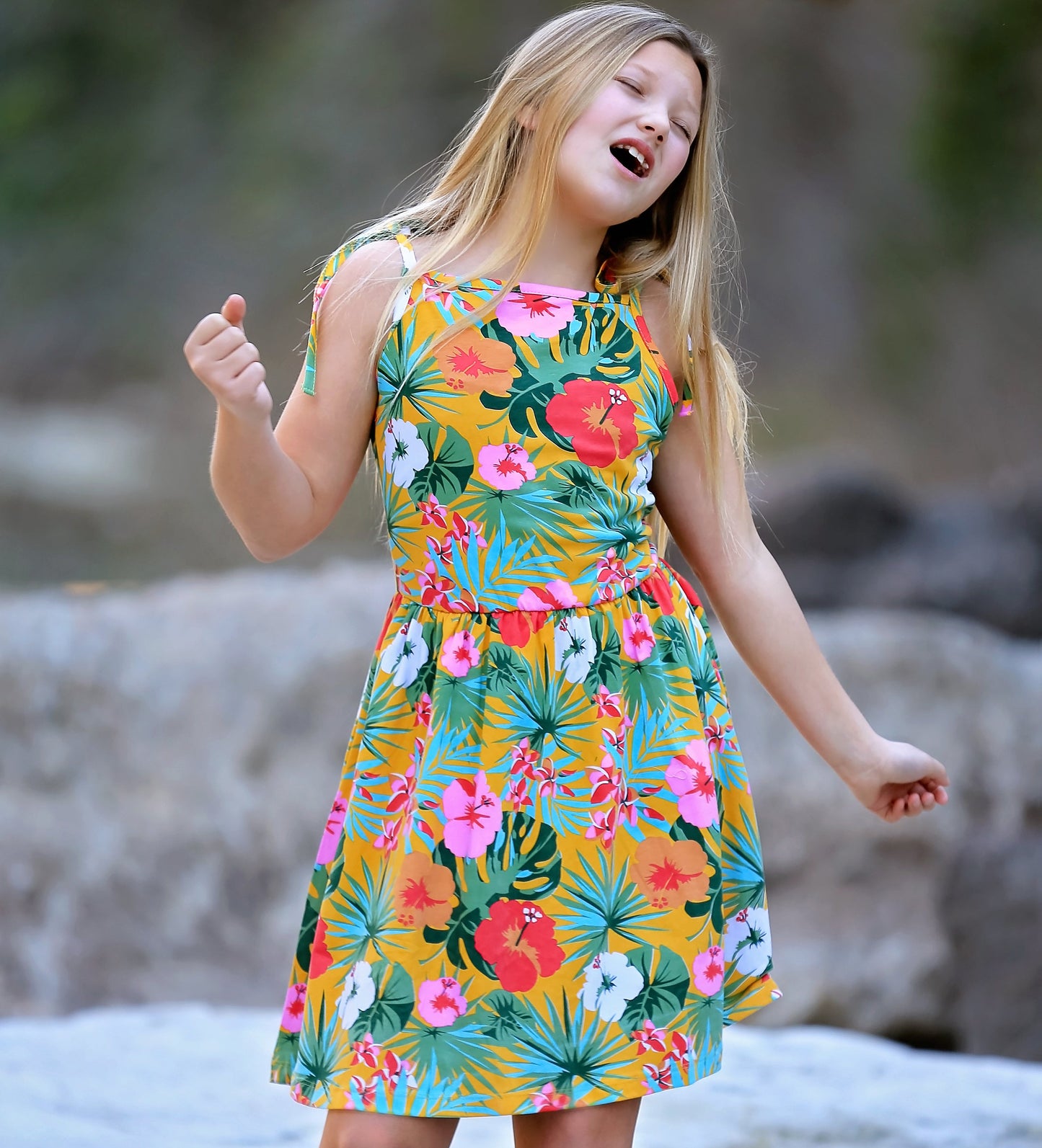 AnnLoren Big Little Girls Hawaiian Hibiscus Floral Tropical Kids Swing Dress Summer Children's Wear