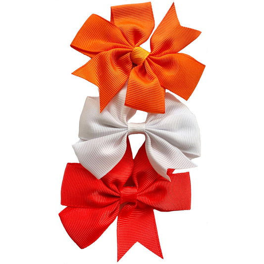 Set of 3- Red, Orange, White 4" Ribbon Bow Clips