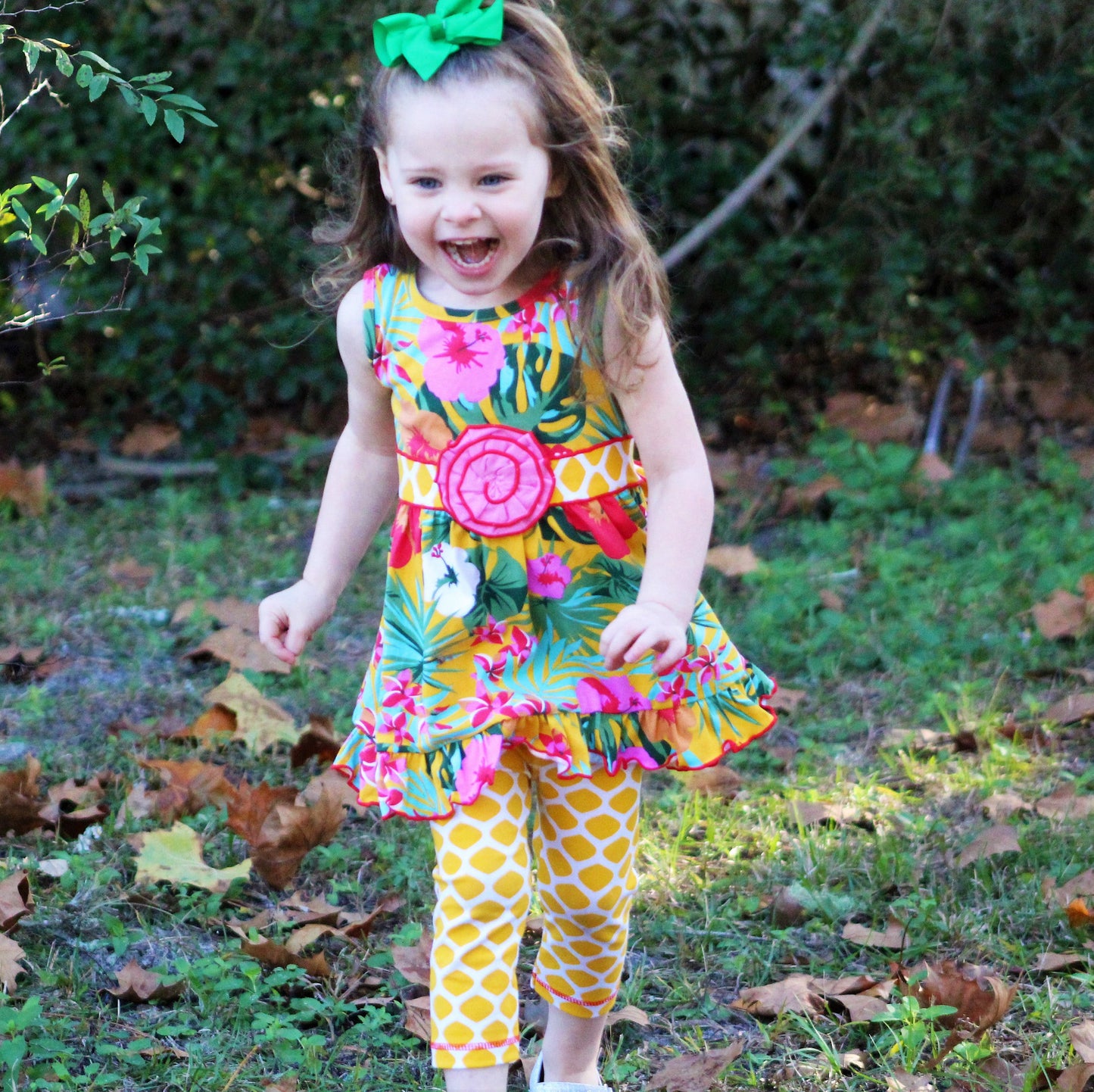 AnnLoren Big Little Girls Hawaiian Hibiscus Tropical Floral Dress & Yellow Leggings Boutique Set