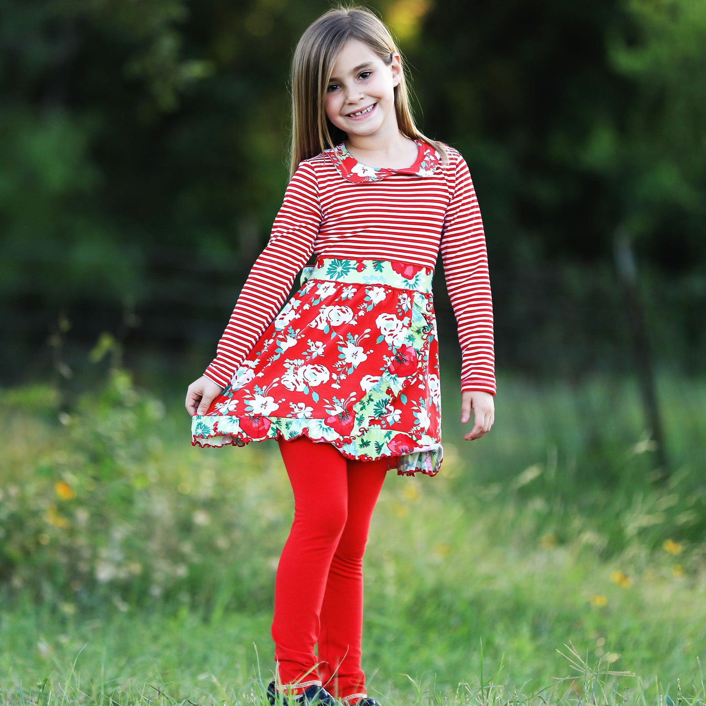 AnnLoren Little & Big Girls Boutique Red Christmas Floral Holiday Dress Legging Set