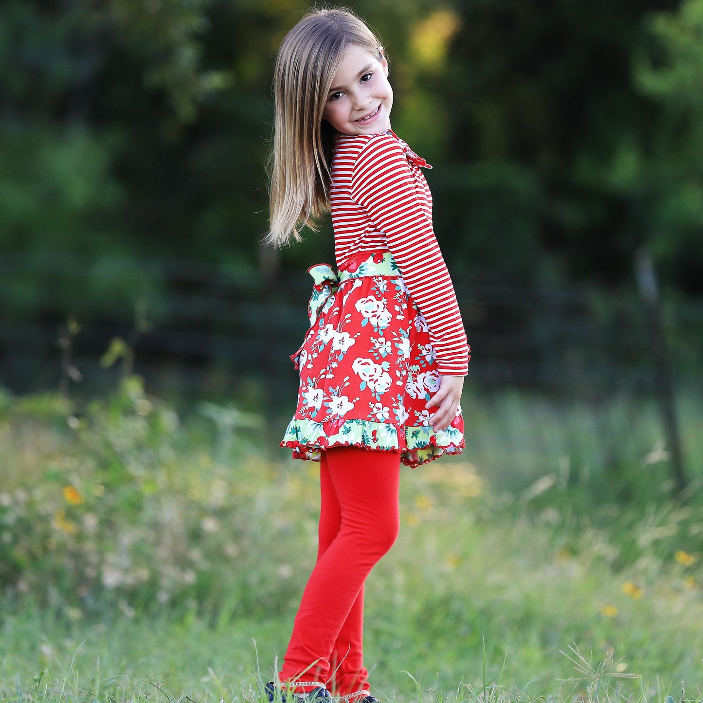 AnnLoren Little & Big Girls Boutique Red Christmas Floral Holiday Dress Legging Set