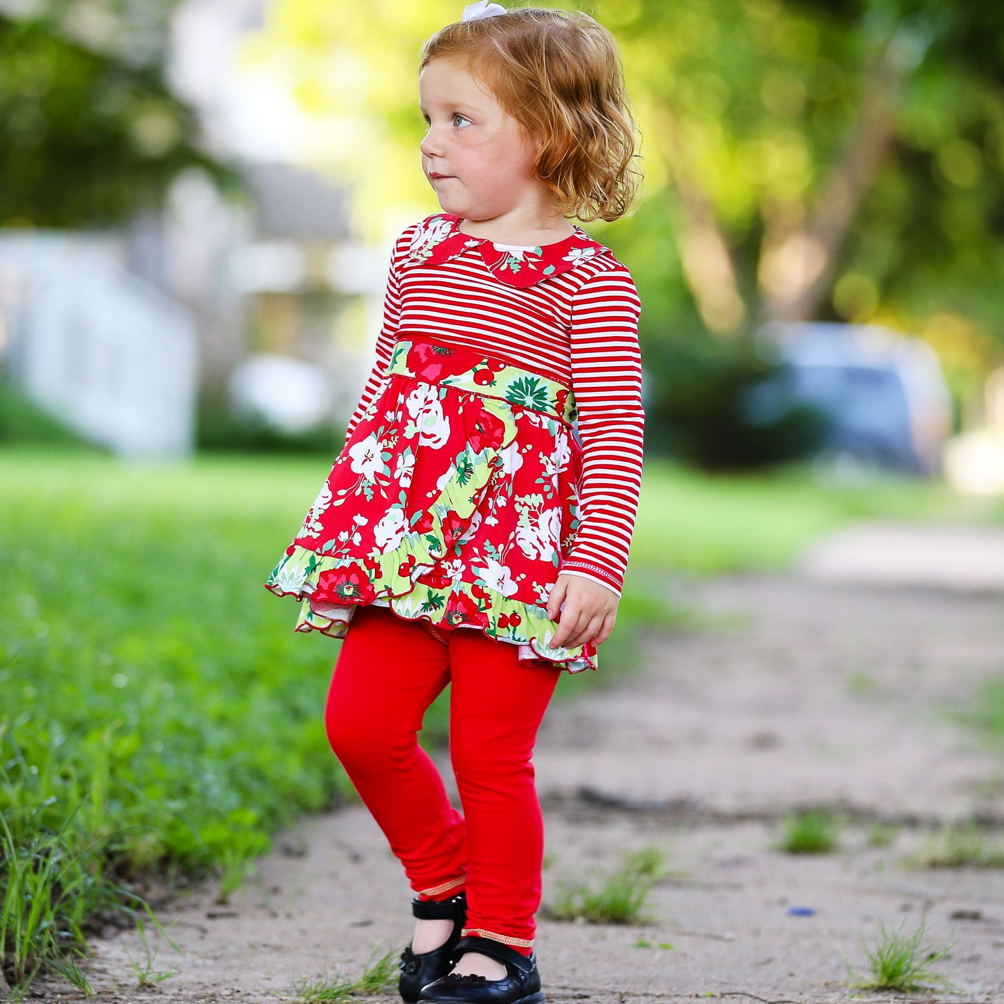 AnnLoren Little & Big Girls Boutique Red Christmas Floral Holiday Dress Legging Set