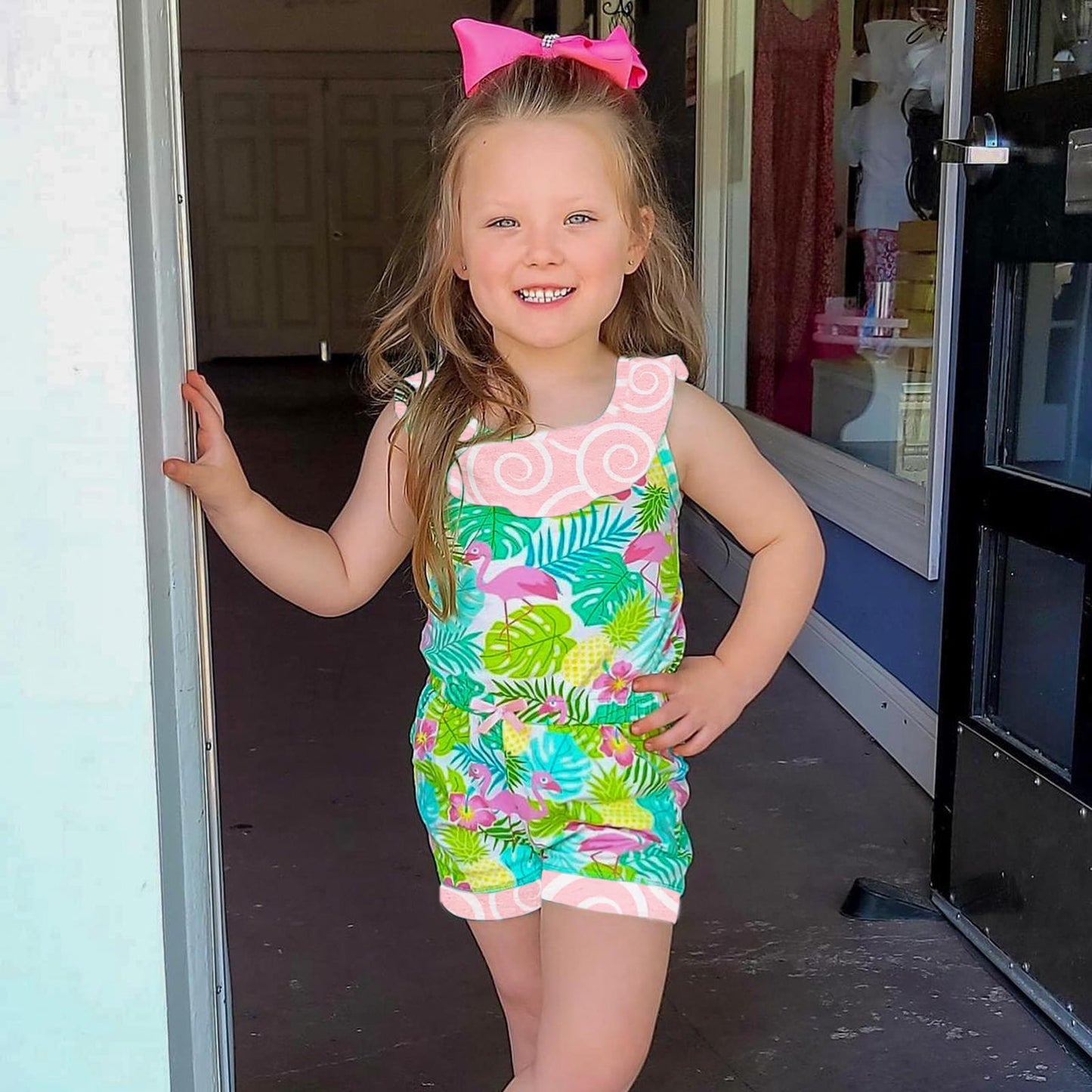 AnnLoren Little & Big Girls Pink Flamingo Palm Tree Kids Shorts Jumpsuit