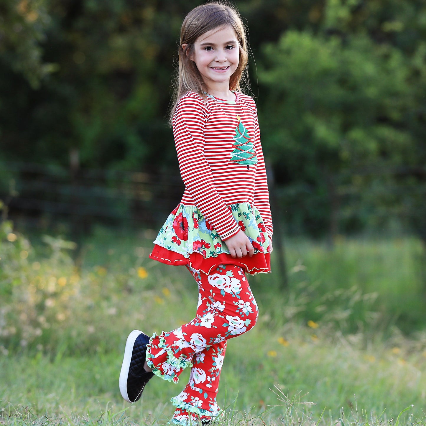 AnnLoren Girls Boutique Christmas Tree Holiday Tunic and Floral Ruffle Pants