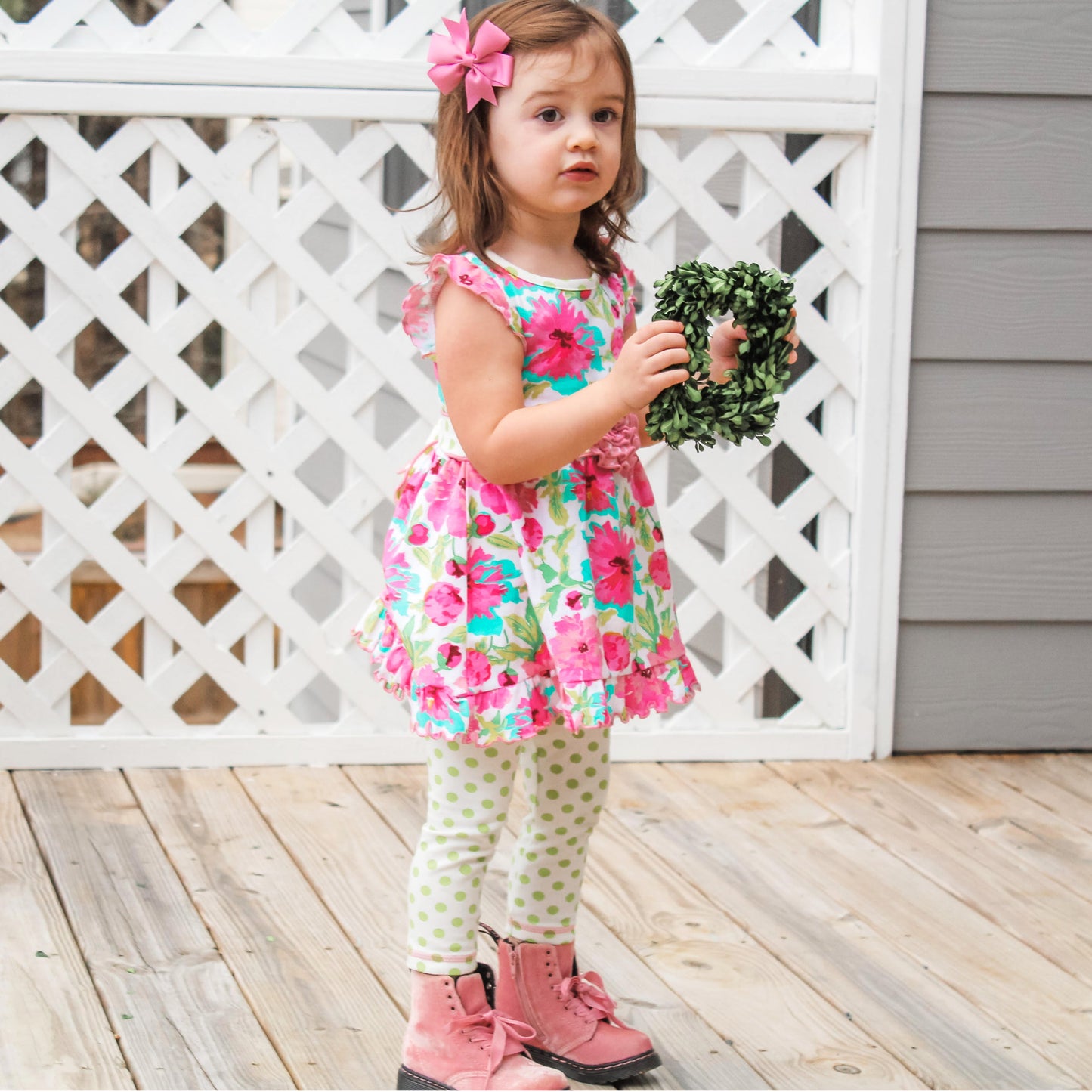 AnnLoren Little Girls Spring Floral Dress Polka Dot Capri Leggings