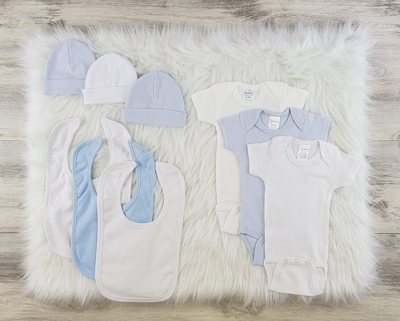 Bambini 9 Pc Boy Layette Baby Bib, Onesies, Beanies Clothes Set (NB,S,M,L)-Bambini-Baby Clothes,Baby Clothing Set,Beanies,Bibs,Layette Sets,Onesies