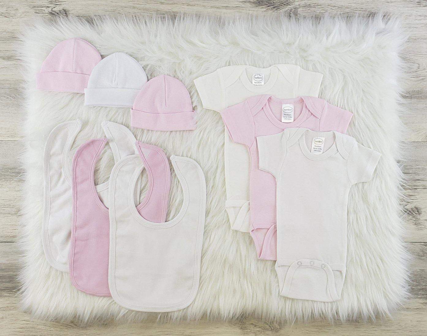 Bambini 9 Pc Girl Layette Bibs, Beanies, Onesies Baby Clothes Set (NB,S,M,L)-Bambini-Baby Clothes,Baby Clothing Set,Beanies,Bibs,Layette Sets,Onesies