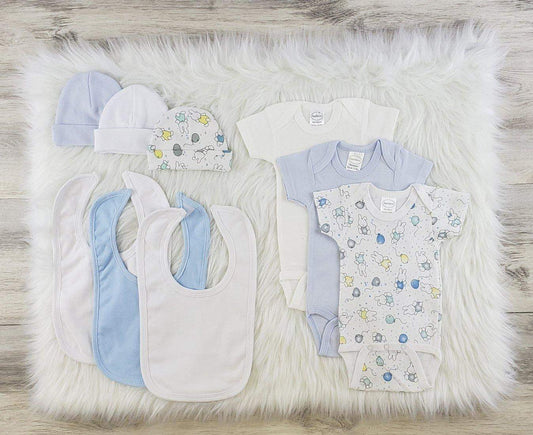 Bambini 9 Pc Boy Layette Baby Bib, Onesies, Beanies Clothes Set (NB,S,M,L)-Bambini-Baby Clothes,Baby Clothing Set,Beanies,Bibs,Layette Sets,Onesies