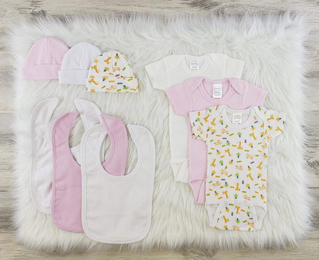 Bambini 9 Pc Girl Layette Bibs, Beanies, Onesies Baby Clothes Set (NB,S,M,L)-Bambini-Baby Clothes,Baby Clothing Set,Beanies,Bibs,Layette Sets,Onesies