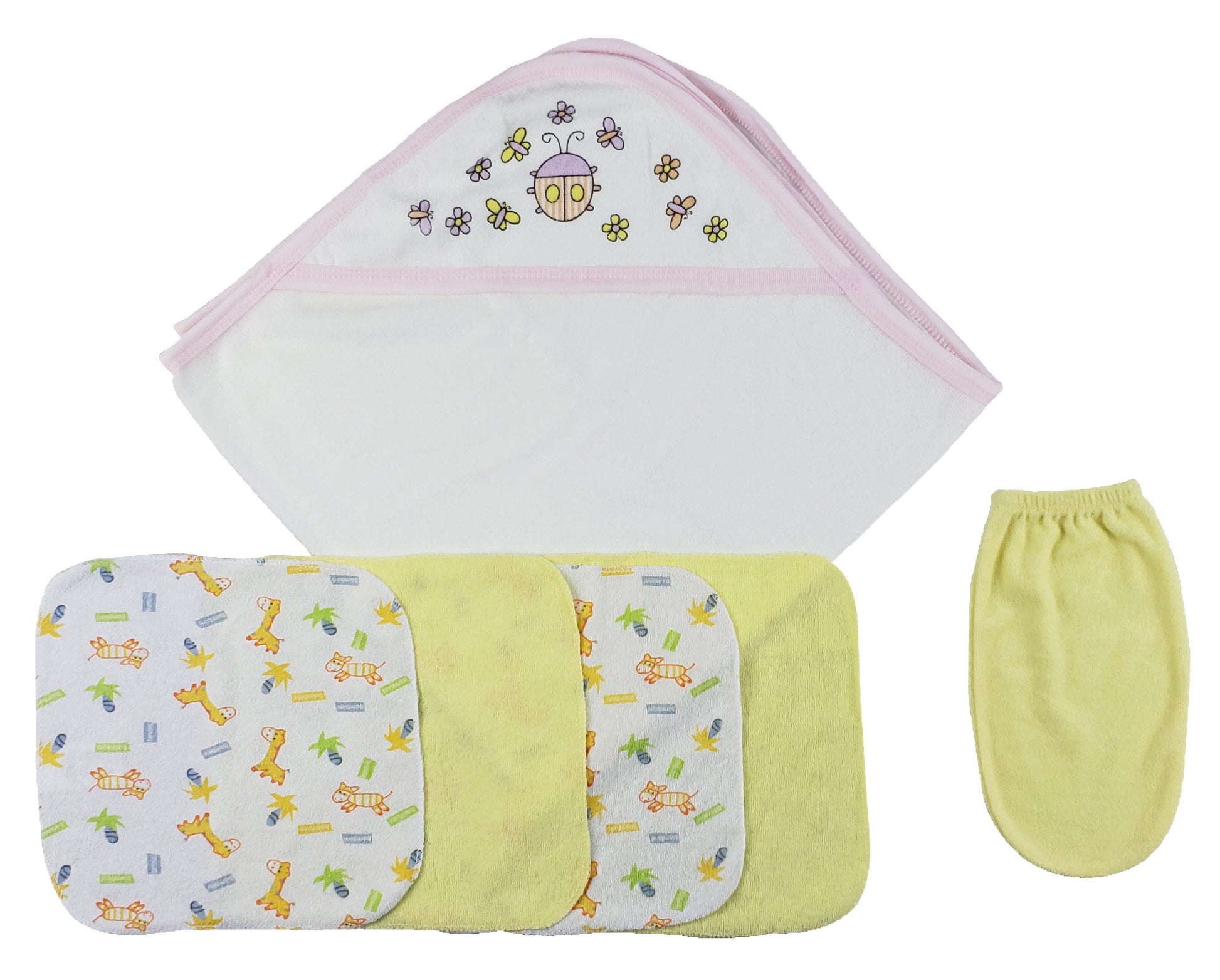 Pink Hooded Towel, Washcloths and Hand Washcloth Mitt - 6 pc Set  CS_0010