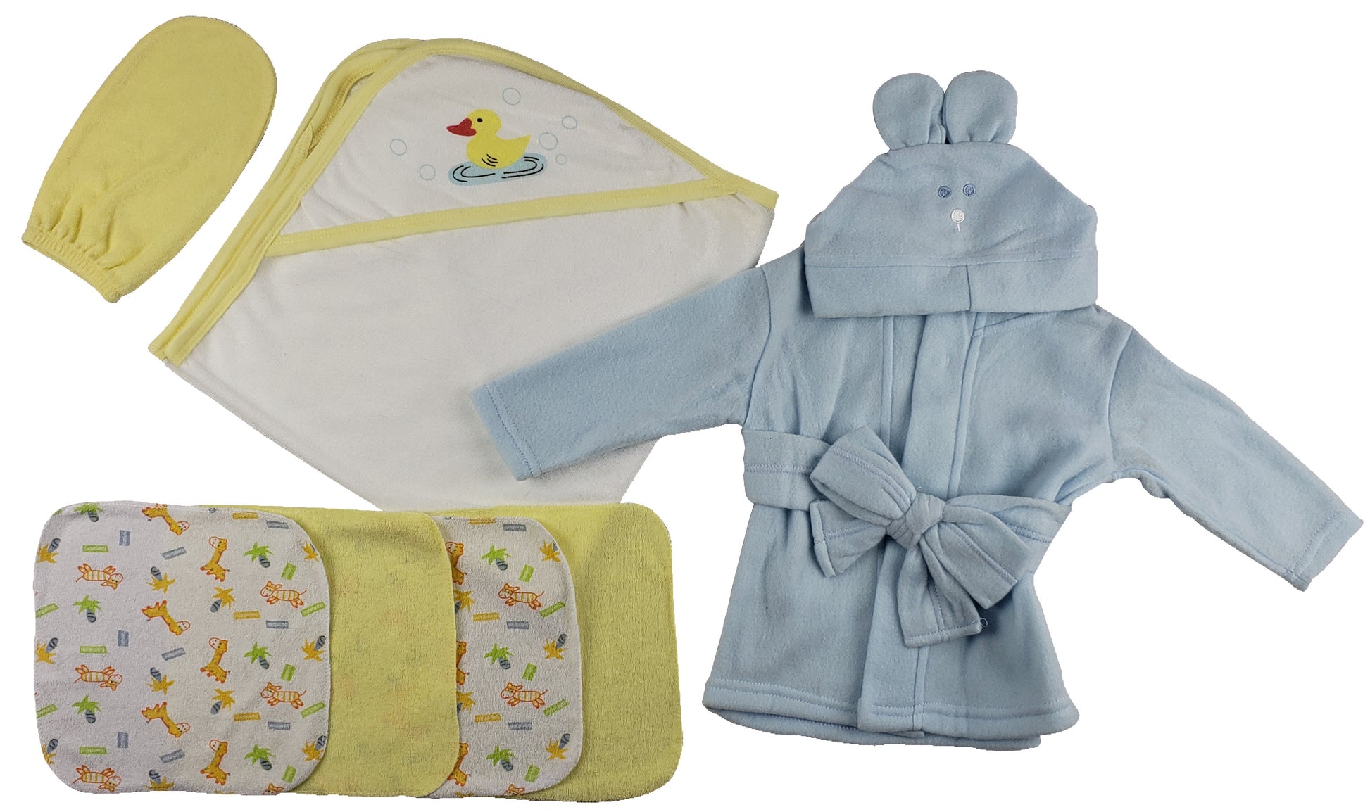Blue Infant Robe, Yellow Hooded Towel, Washcloths and Hand Washcloth Mitt - 7 pc Set  CS_0013