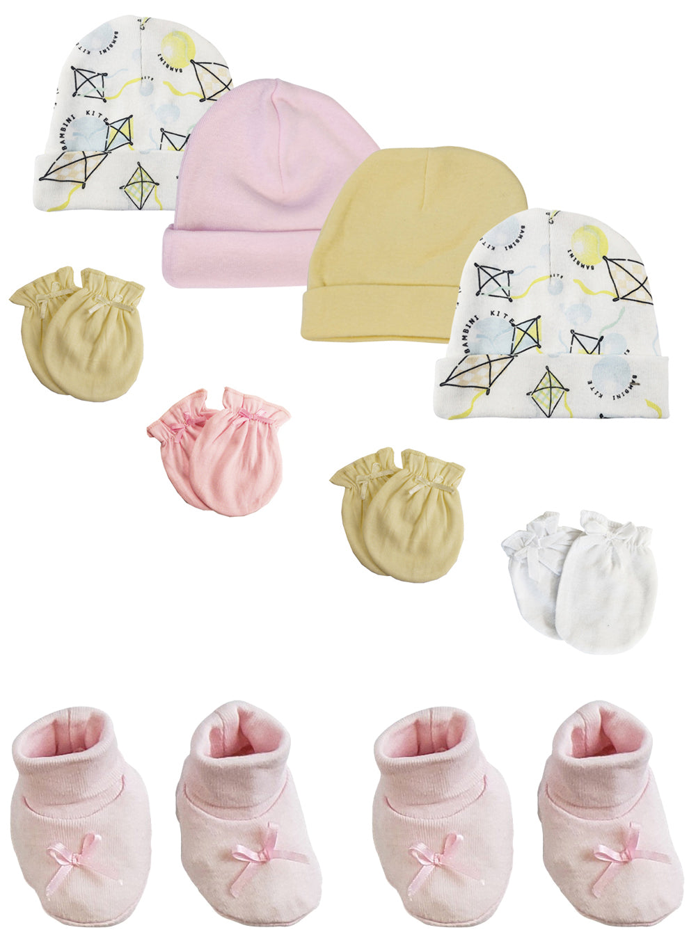 Preemie Baby Girl Caps with Infant Mittens and Booties - 10 Pack NC_0220