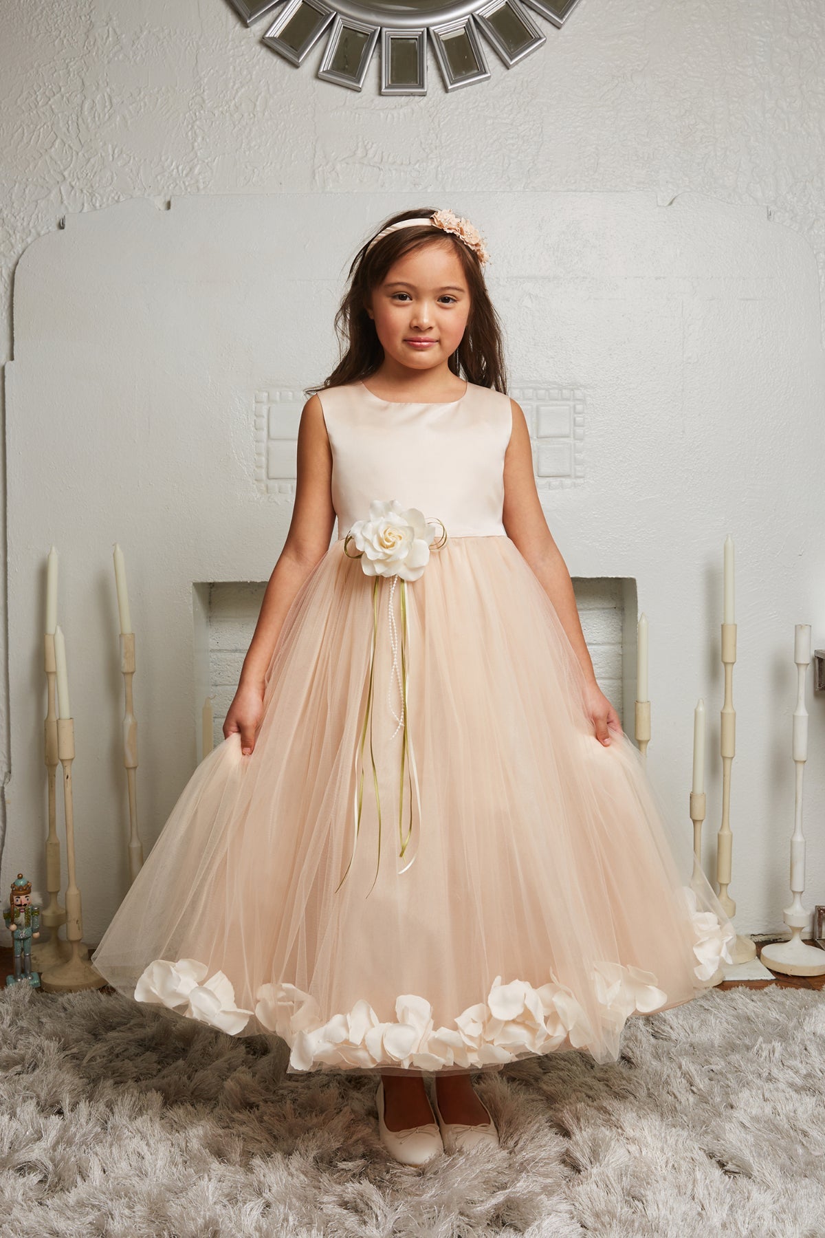 160B Blush Satin Flower Petal Girl Dress with Plus Sizing