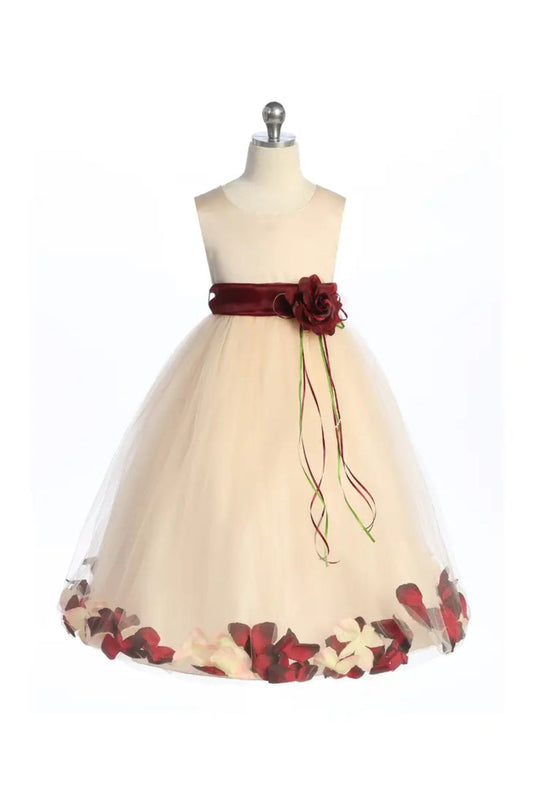 160B[SASH] Blush Satin Flower Petal Girl Dress with Organza Sash and Plus Sizing