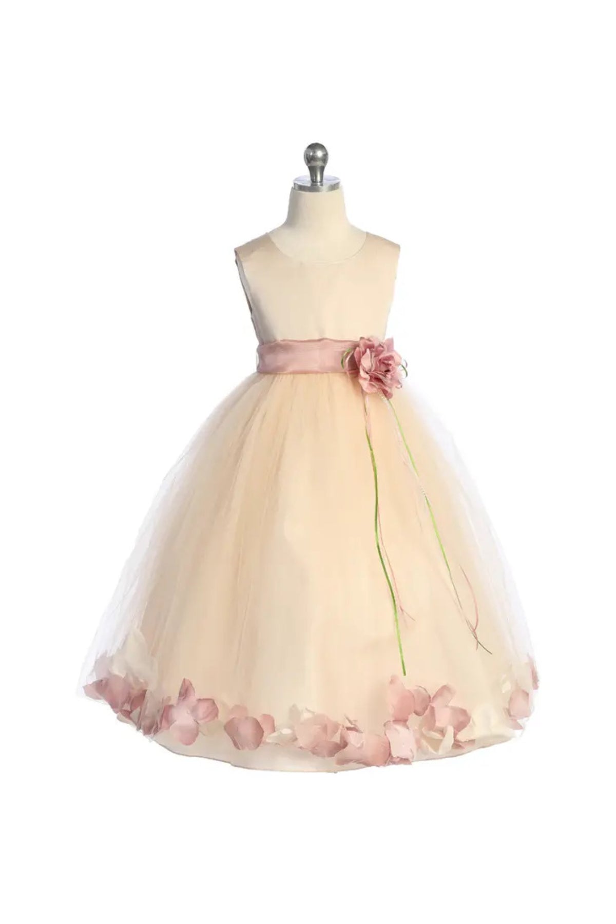 160B Blush Satin Flower Petal Girl Dress with Plus Sizing