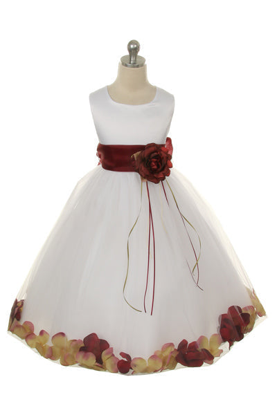 160B+[SASH] Ivory Satin Flower Petal Plus Size Girl Dress with Organza Sash