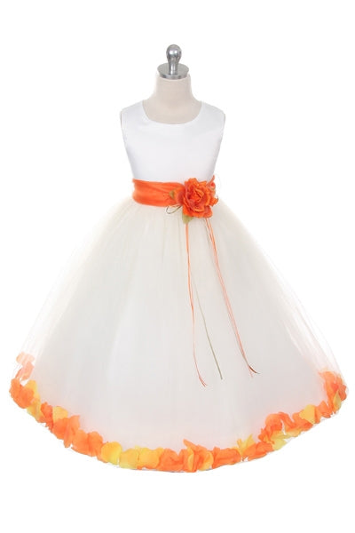 160B+[SASH] Ivory Satin Flower Petal Plus Size Girl Dress with Organza Sash