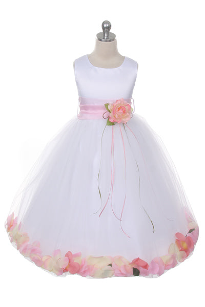 160B+[SASH] Ivory Satin Flower Petal Plus Size Girl Dress with Organza Sash