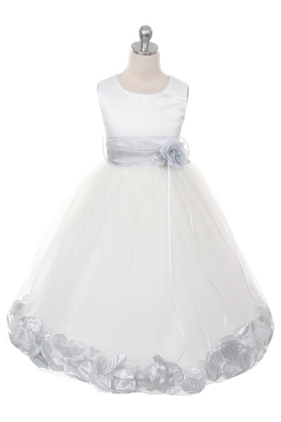 160B+[SASH] Ivory Satin Flower Petal Plus Size Girl Dress with Organza Sash