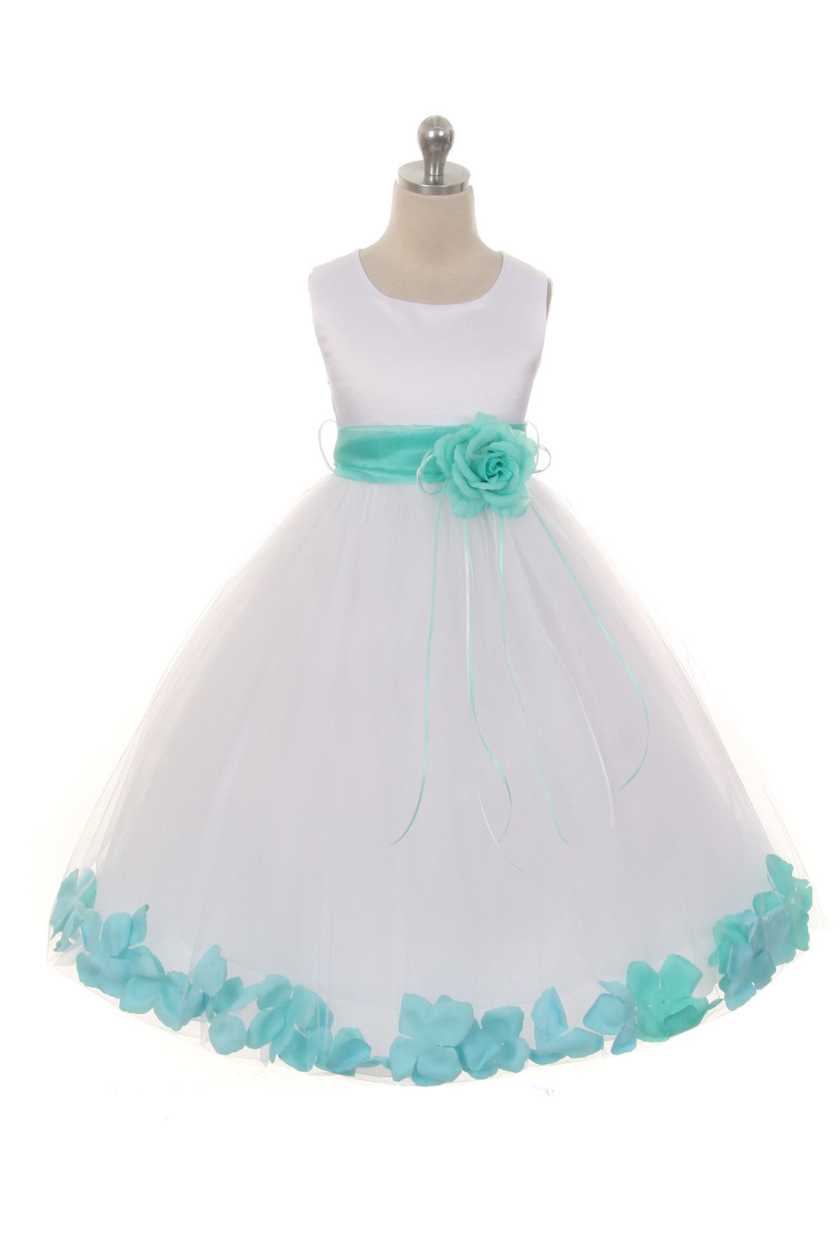 160B+[SASH] Ivory Satin Flower Petal Plus Size Girl Dress with Organza Sash