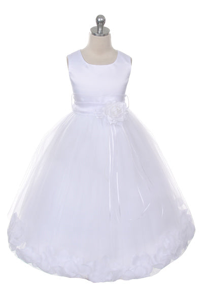 160B+[SASH] Ivory Satin Flower Petal Plus Size Girl Dress with Organza Sash