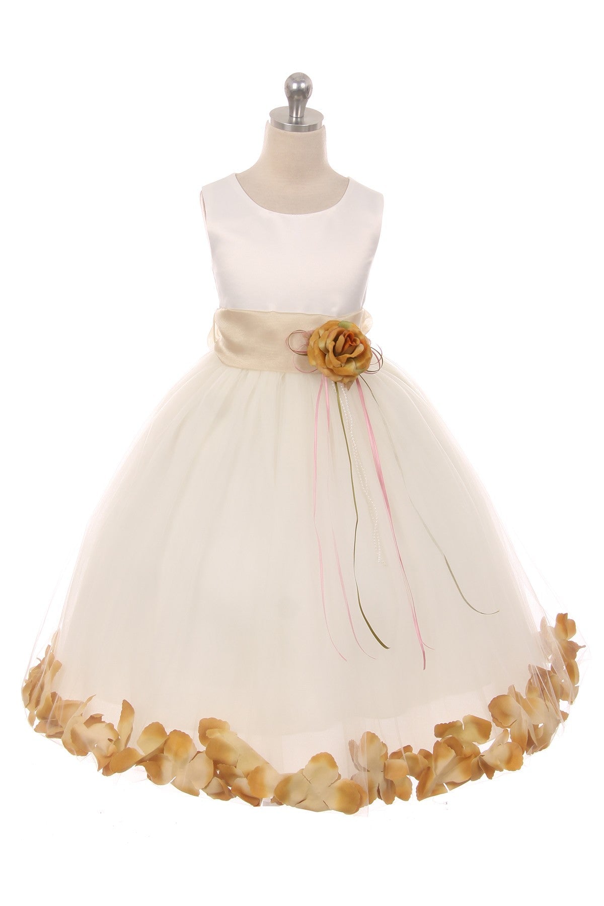 160B+[SASH] Ivory Satin Flower Petal Plus Size Girl Dress with Organza Sash