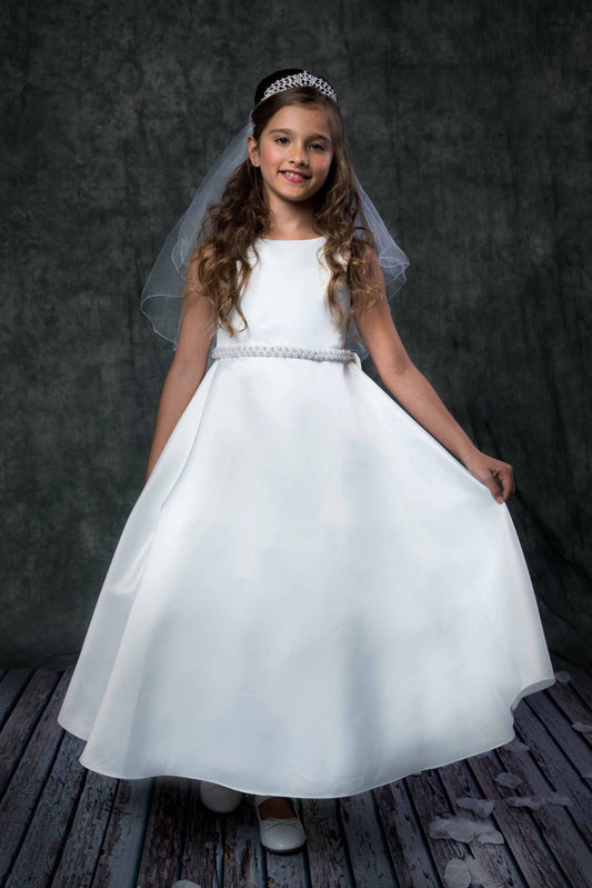 386 Long Satin Pearl Trim Communion Dress