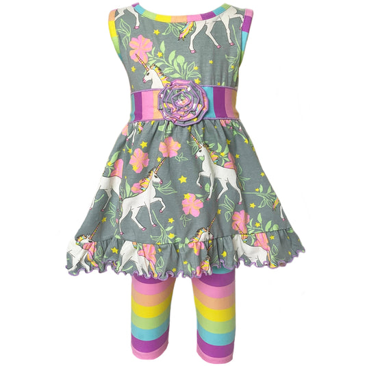 AnnLoren Little Toddler Big Girls' Unicorns Rainbow Dress Leggings Boutique Clothing Set