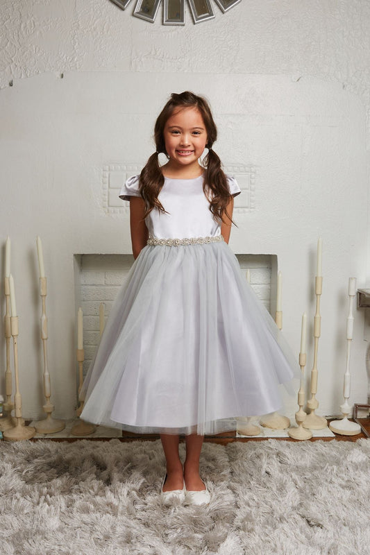 452-A Capped Sleeve Satin & Tulle Girls Dress with Plus Sizes