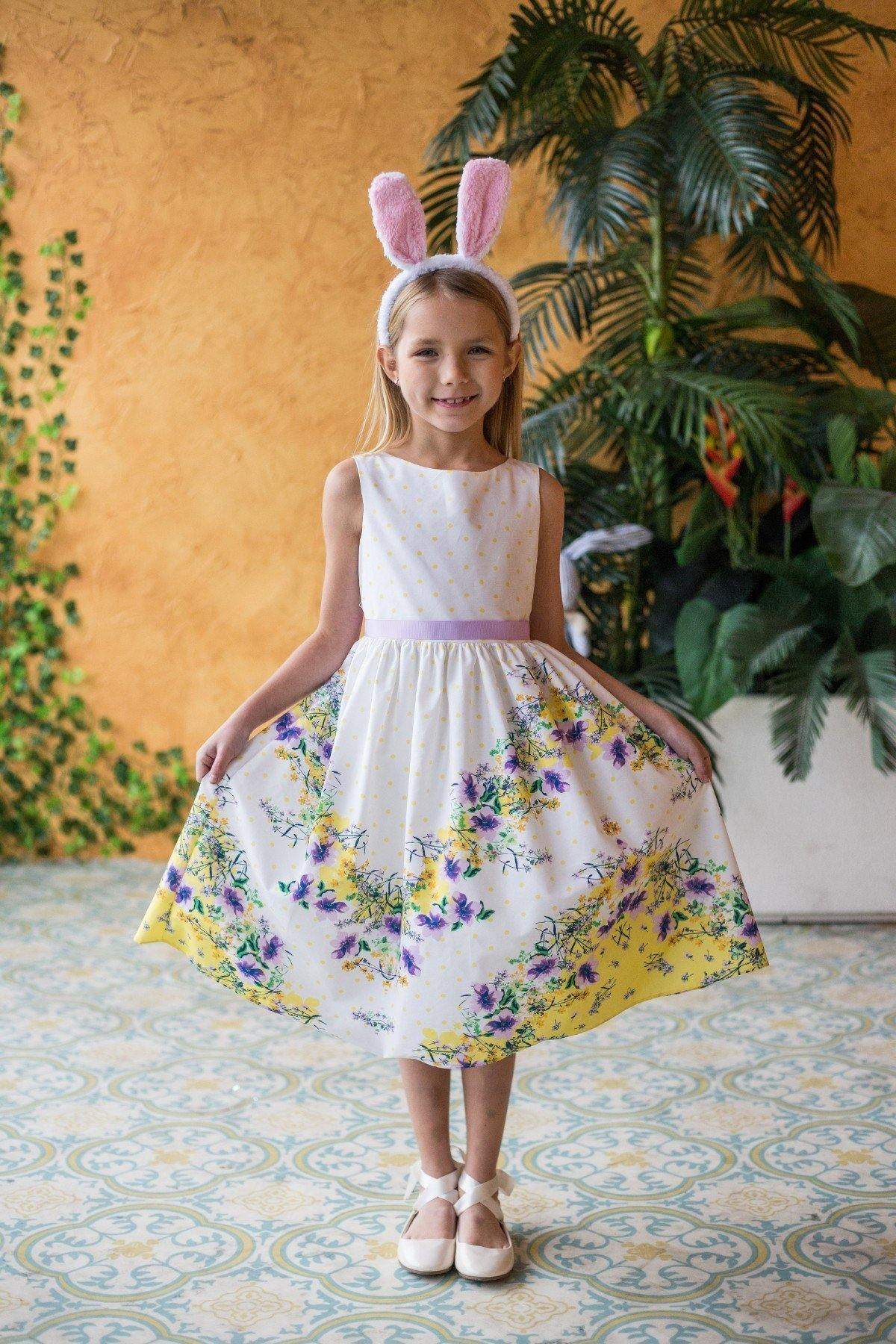 Chevron Floral Cotton Dress-Kid's Dream-Color_Coral,color_Yellow,easter,fabric_ Cotton,length_Knee Length,meta-related-collection-shop-the-outfit-girls,Pink-collection,size_02,size_04,size_06,size_08,size_10,size_12