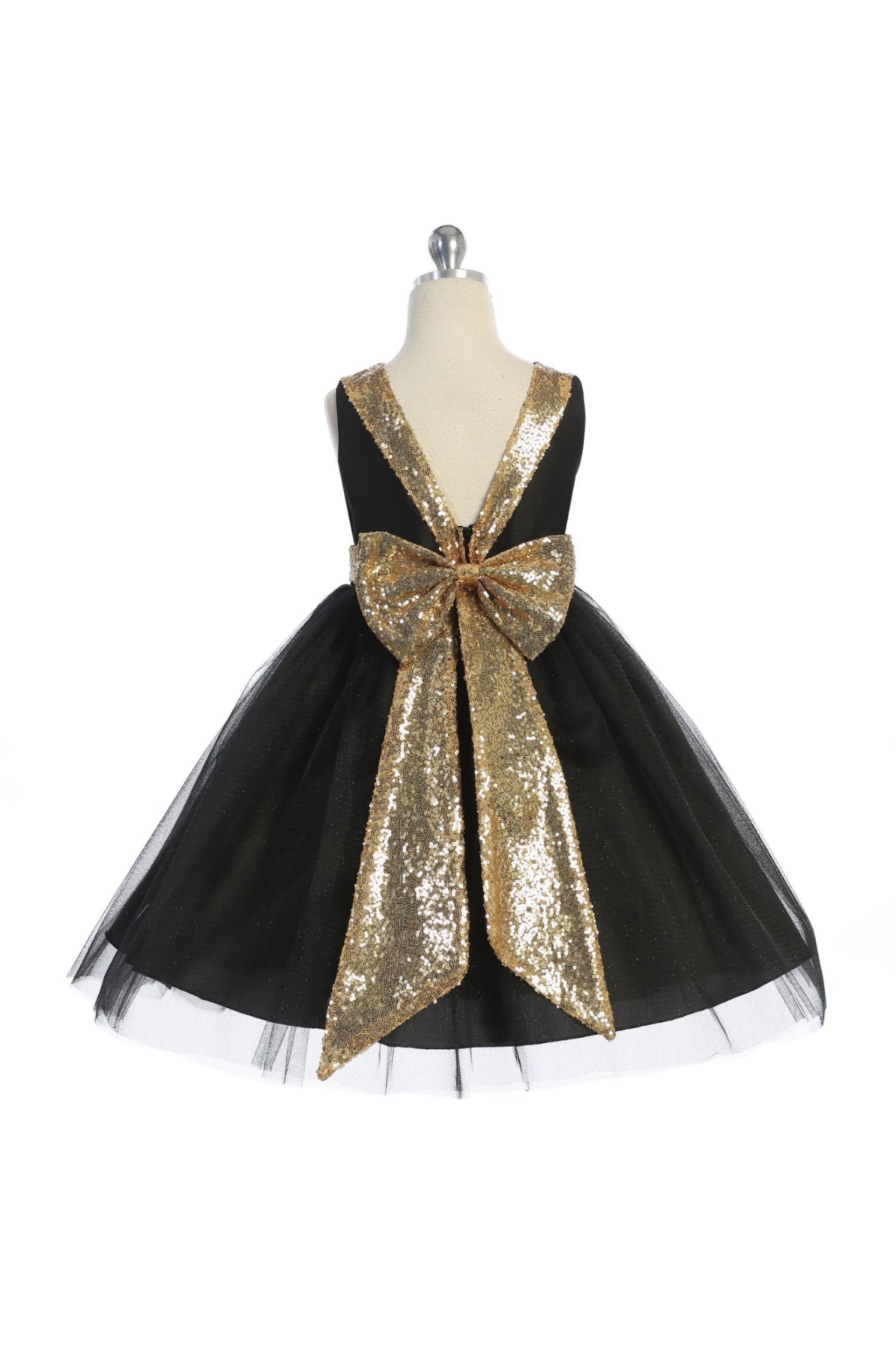 498 Gold Sequins V Back & Bow Girls Dress with Plus Sizes