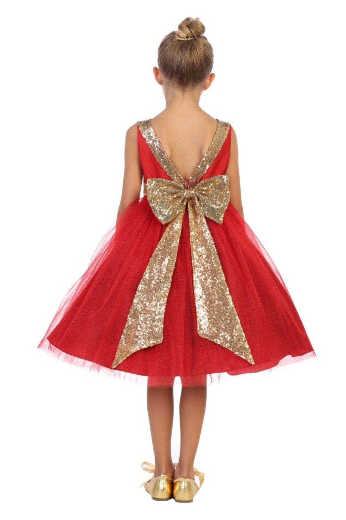 498 Gold Sequins V Back & Bow Girls Dress with Plus Sizes