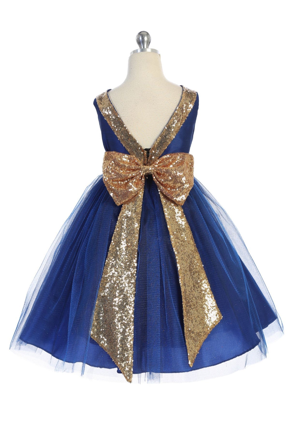 498 Gold Sequins V Back & Bow Girls Dress with Plus Sizes