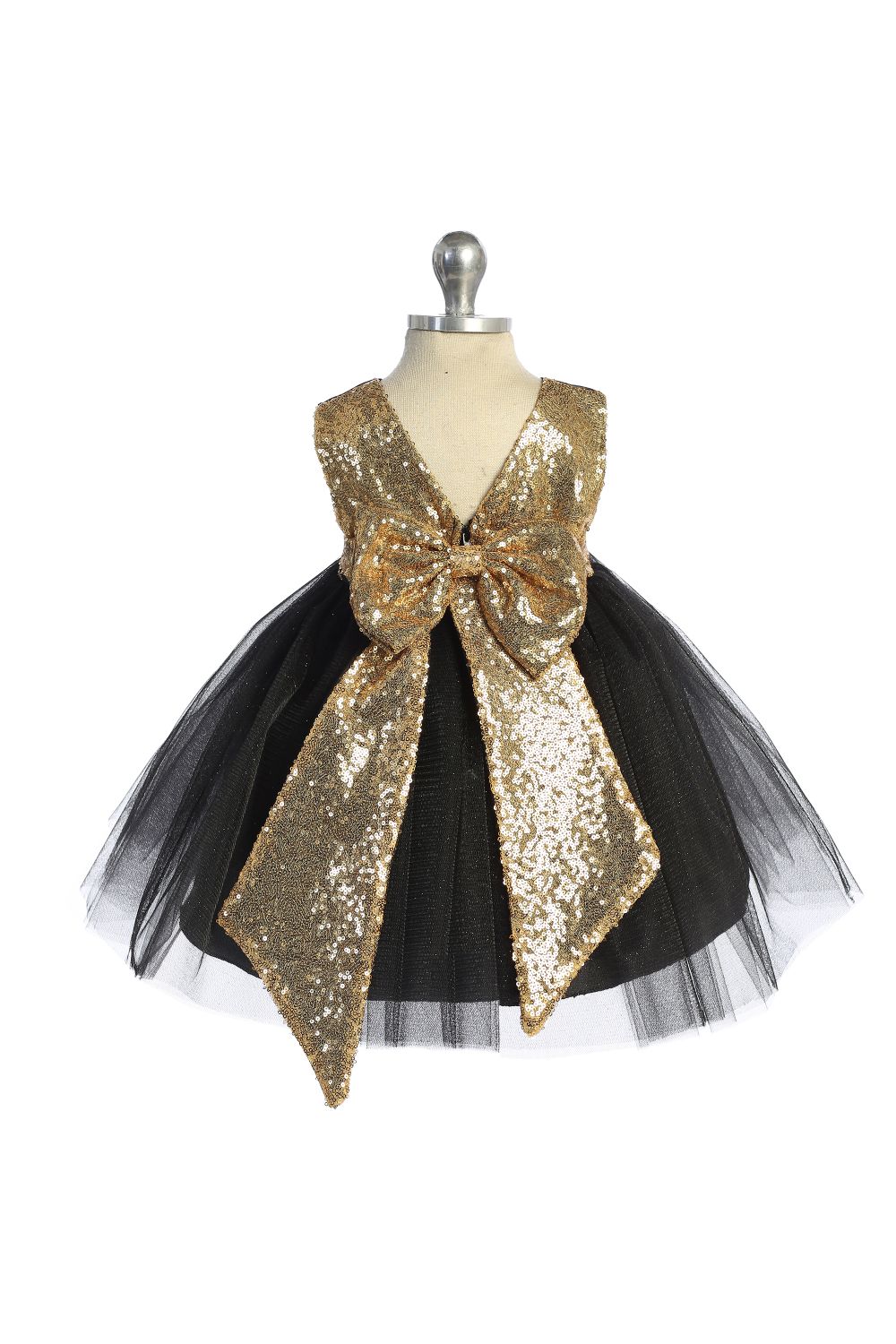 498B Gold Sequins V Back & Bow Baby Dress