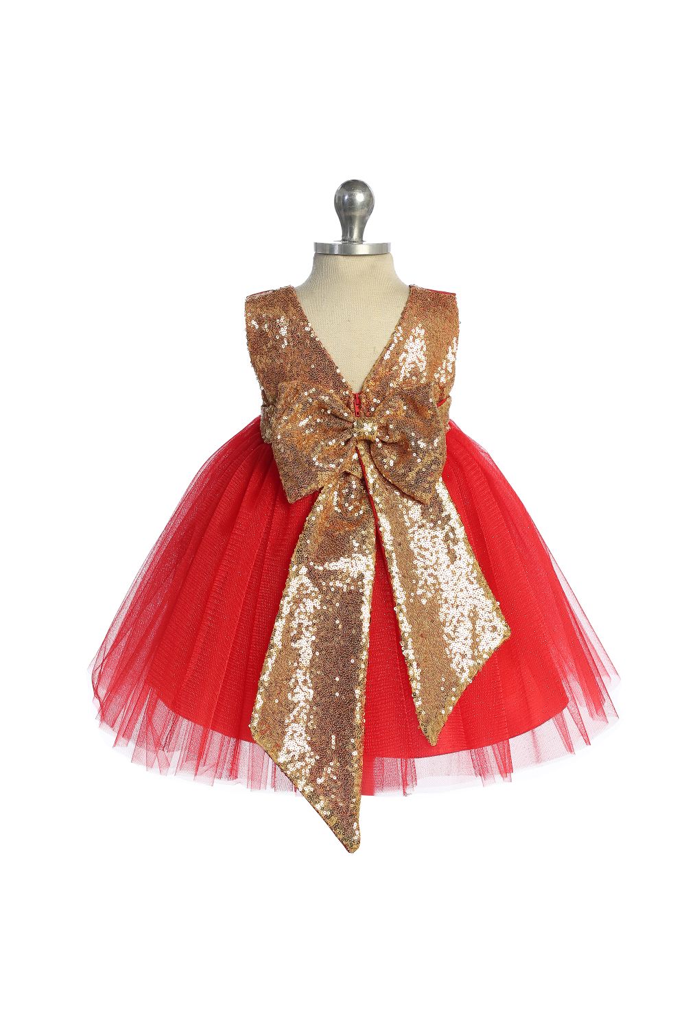 498B Gold Sequins V Back & Bow Baby Dress