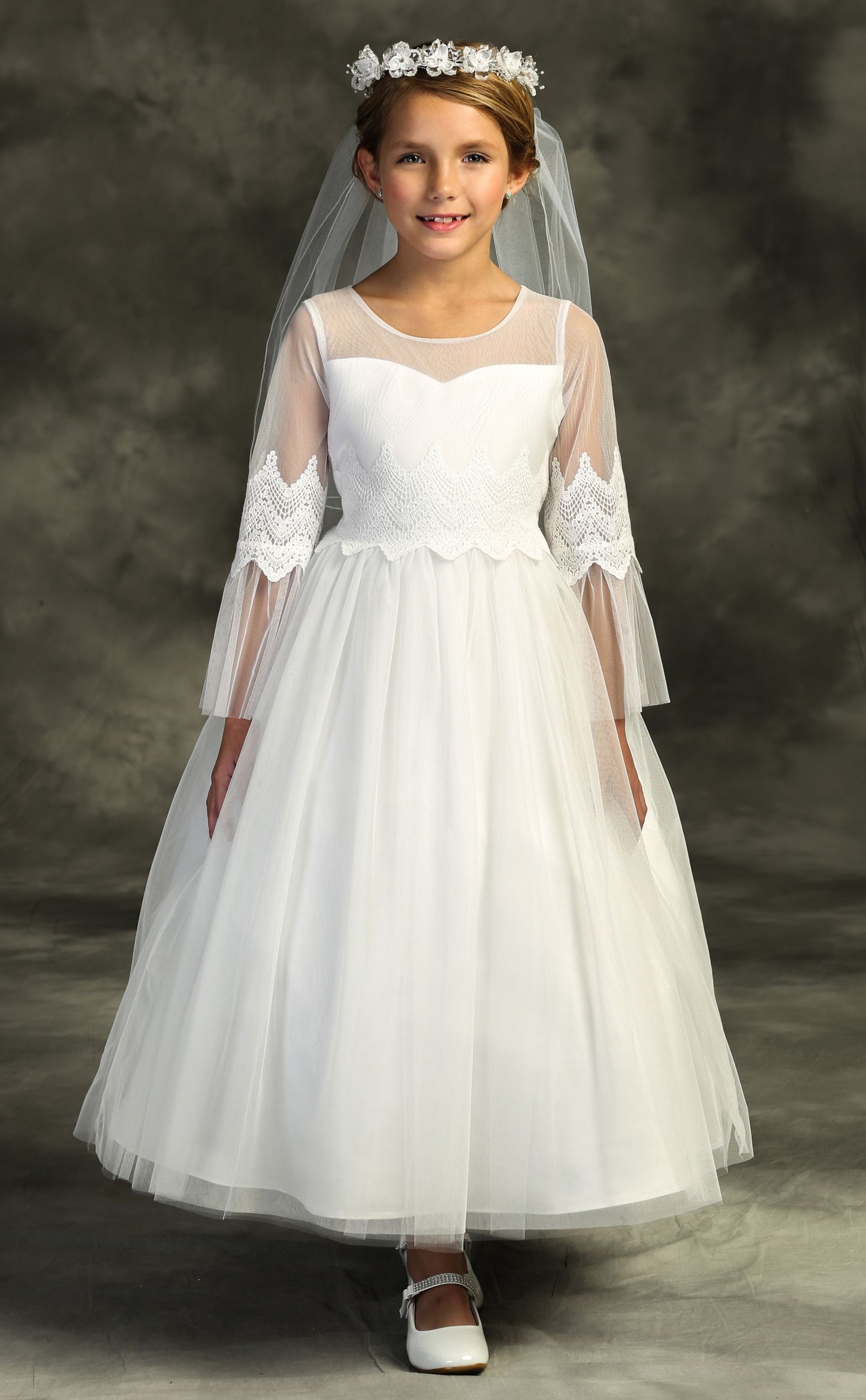 508 Embroidery Mesh Ruffle Sleeve Dress