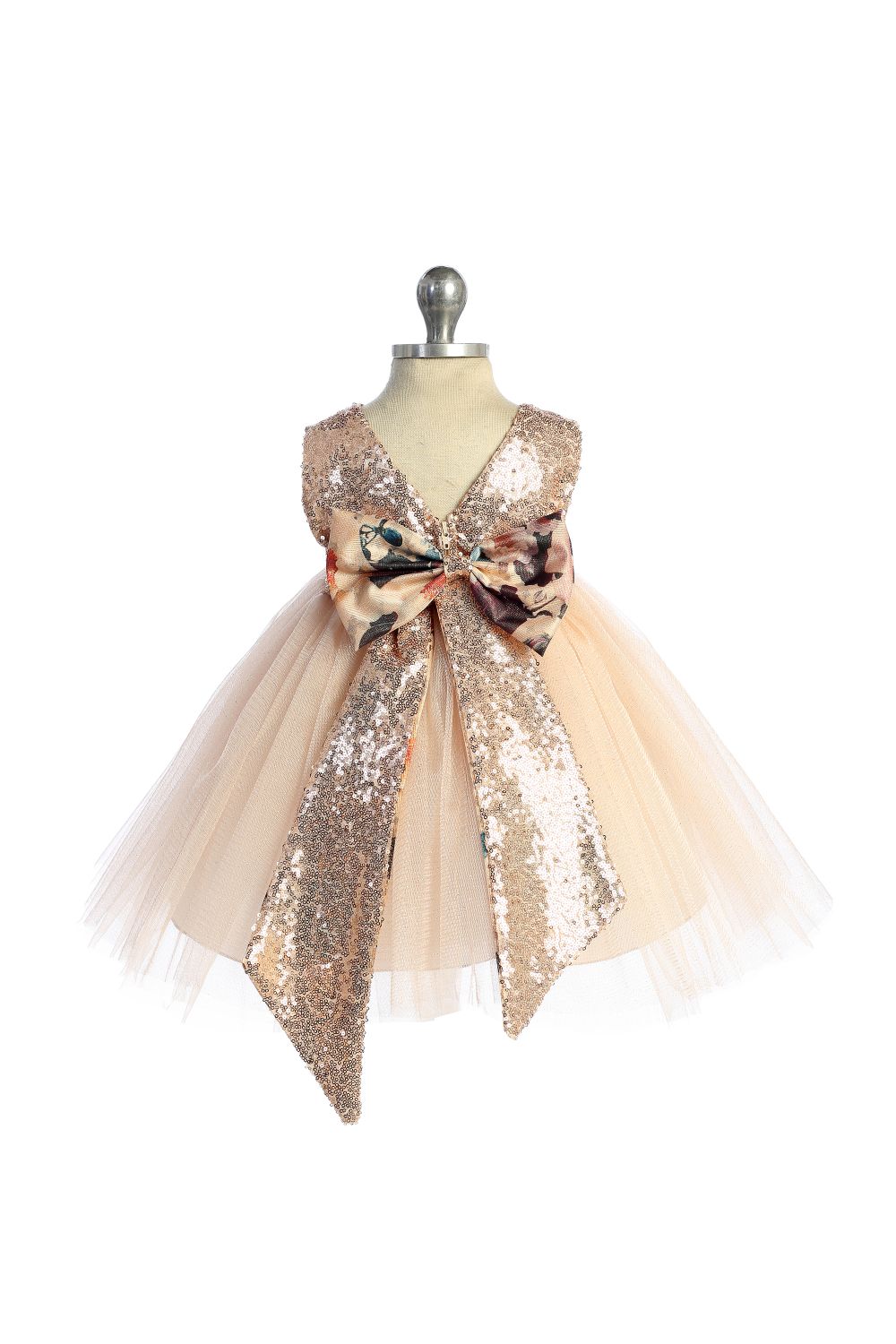 520B Vintage Floral Rose Gold Sequin Back V Baby Dress