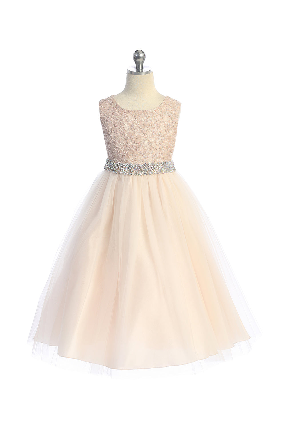 524-E Long Lace Illusion Dress w/ Thick Rhinestone Trim