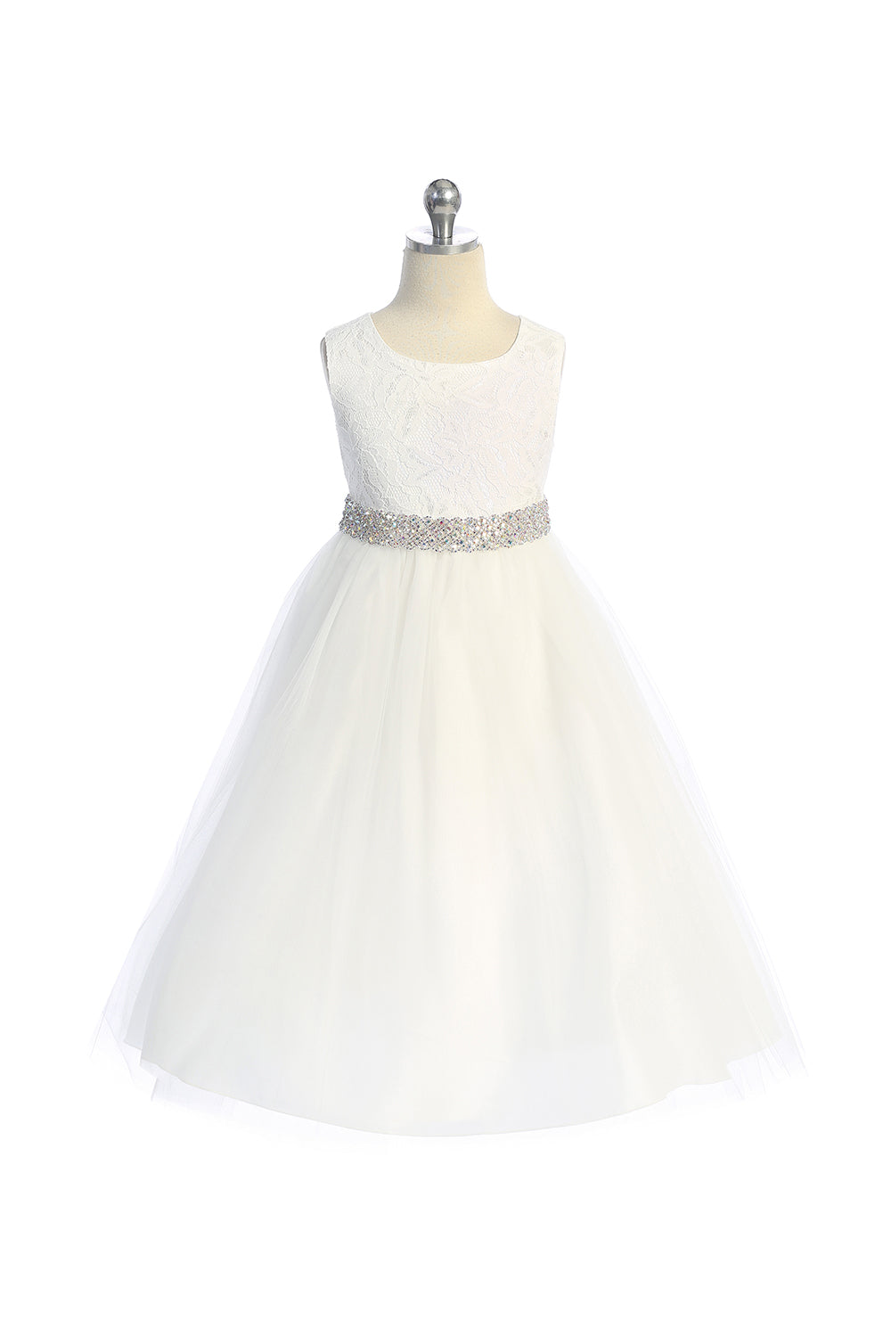 524-E Long Lace Illusion Dress w/ Thick Rhinestone Trim