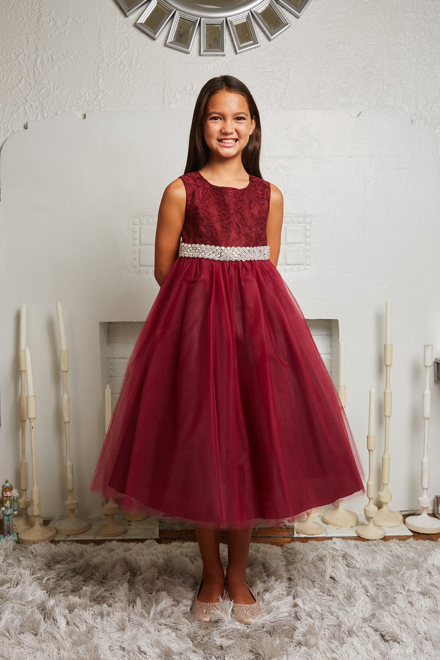 524-E Long Lace Illusion Dress w/ Thick Rhinestone Trim