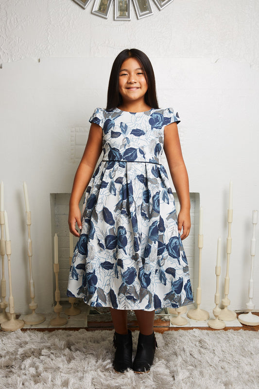 550+Blue Leaf Jacquard Plus Size Dress