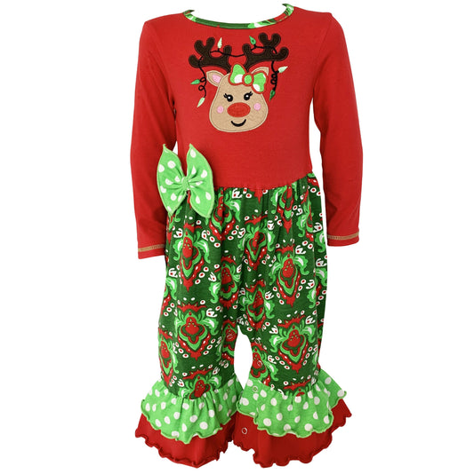 Red Green Damask Christmas Rudolph Reindeer Romper 6M-24M - Mommies Best Mall
