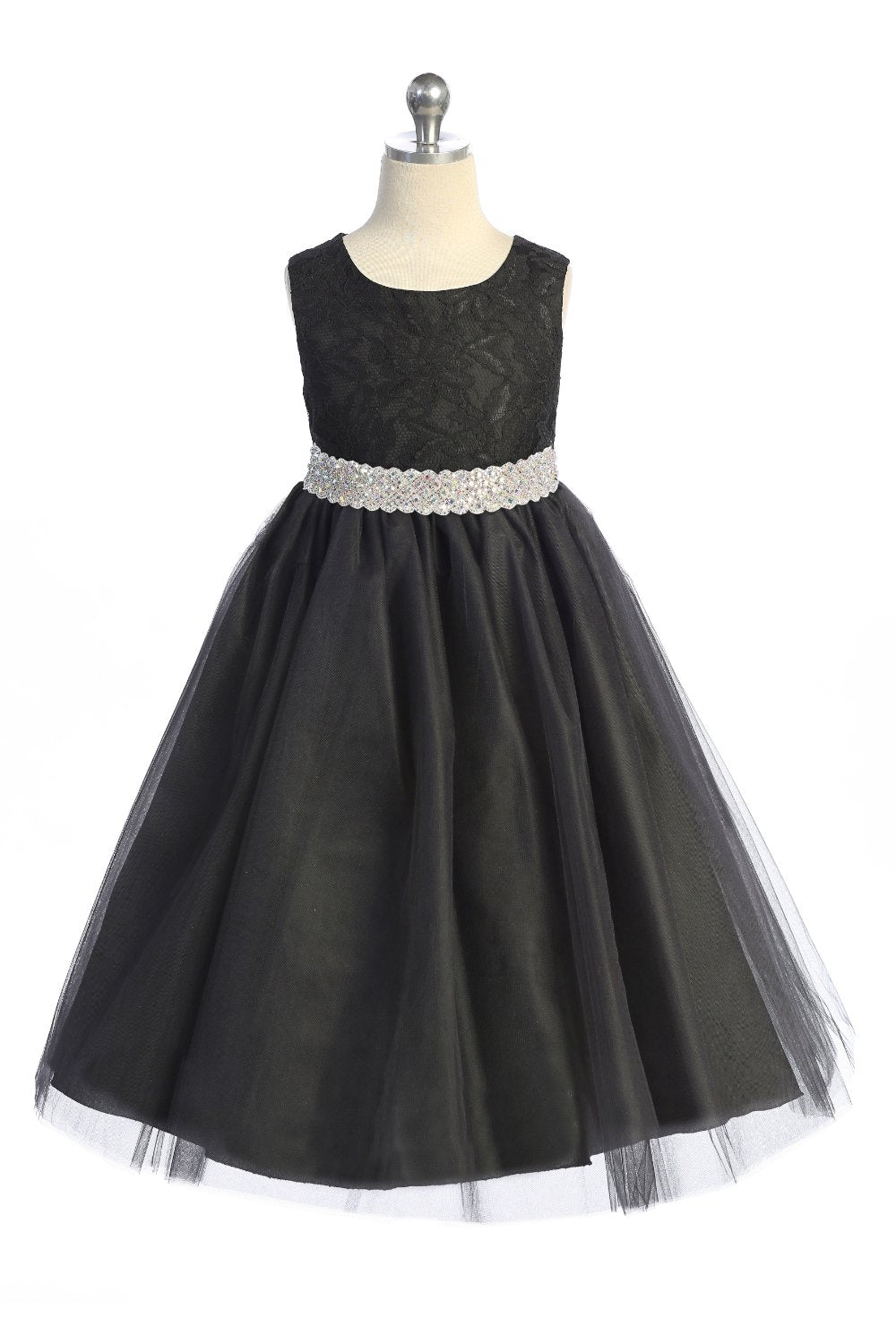 524-E Long Lace Illusion Dress w/ Thick Rhinestone Trim
