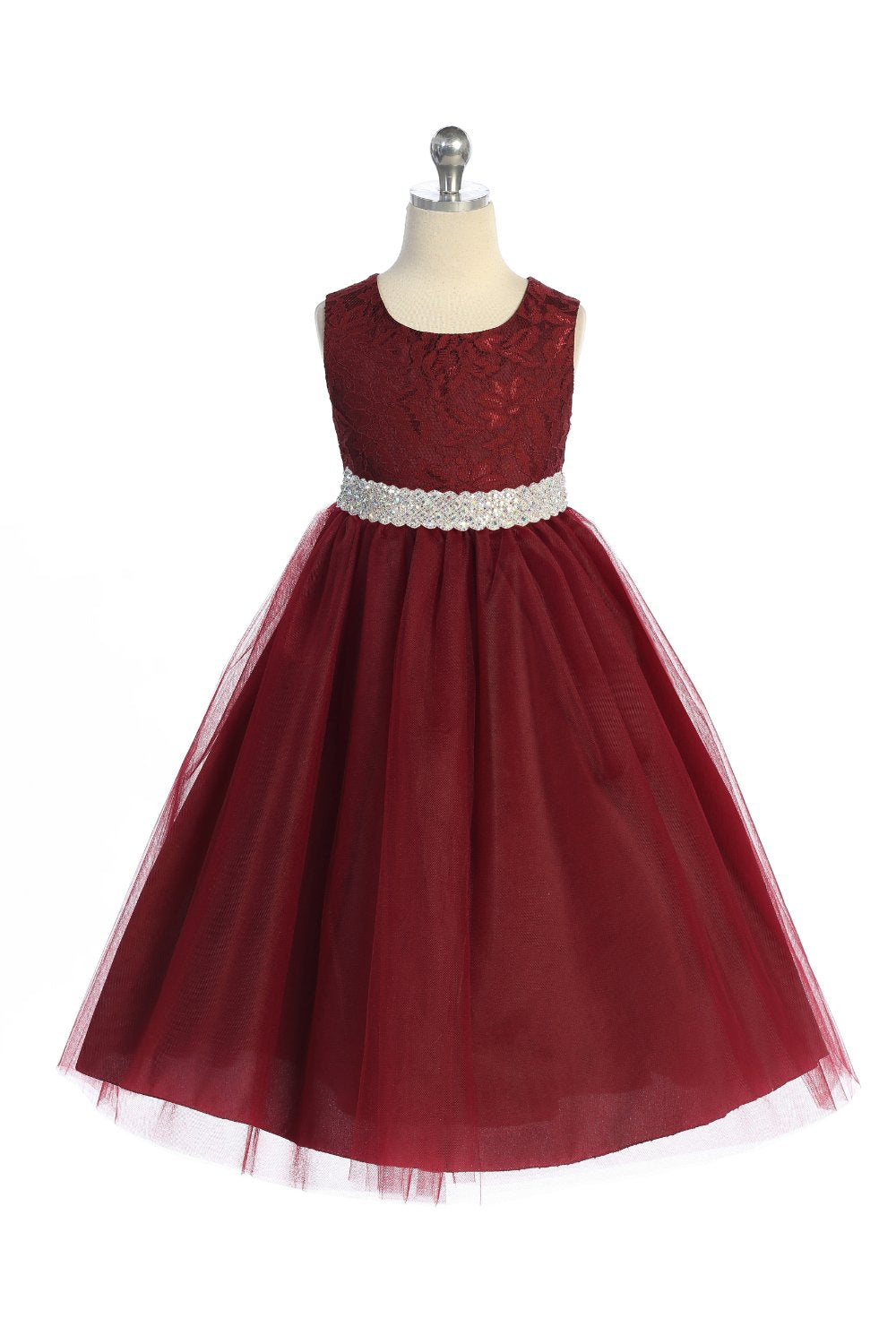 524-E Long Lace Illusion Dress w/ Thick Rhinestone Trim