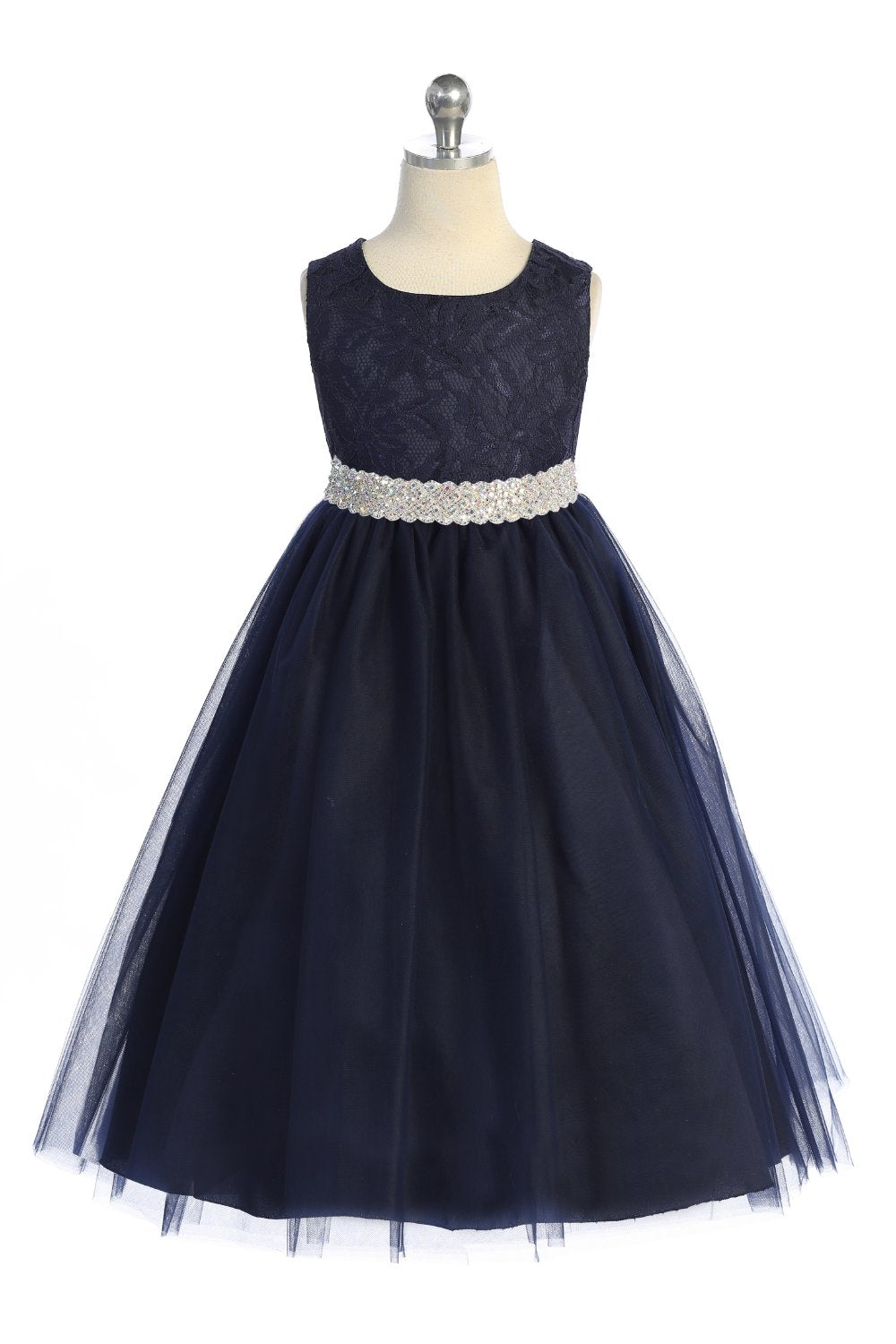 524-E Long Lace Illusion Dress w/ Thick Rhinestone Trim
