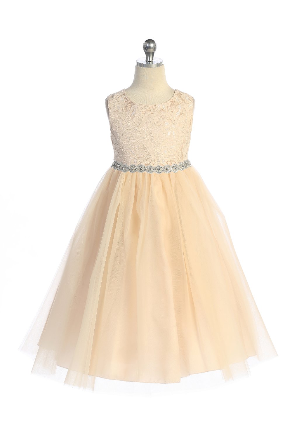 524-A Long Lace Illusion Dress w/Rhinestone Trim