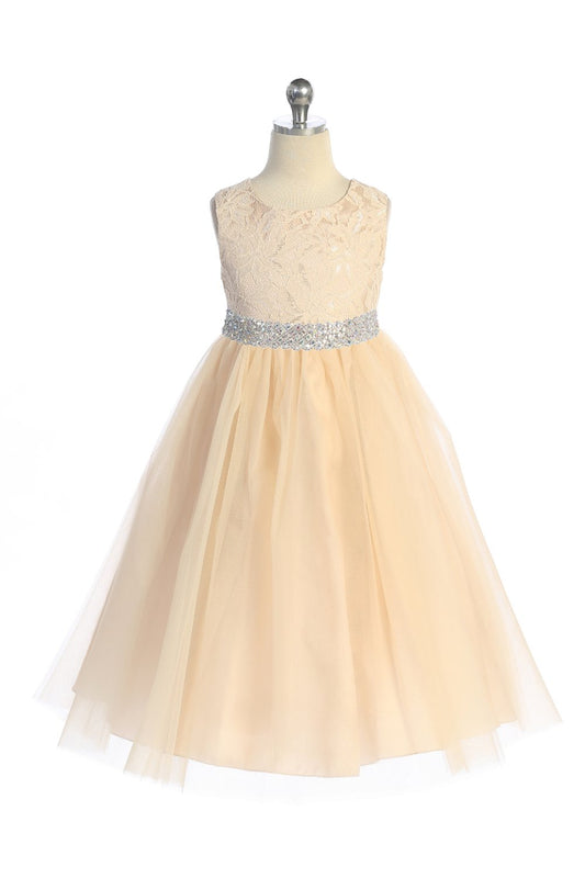 524-E Long Lace Illusion Dress w/ Thick Rhinestone Trim