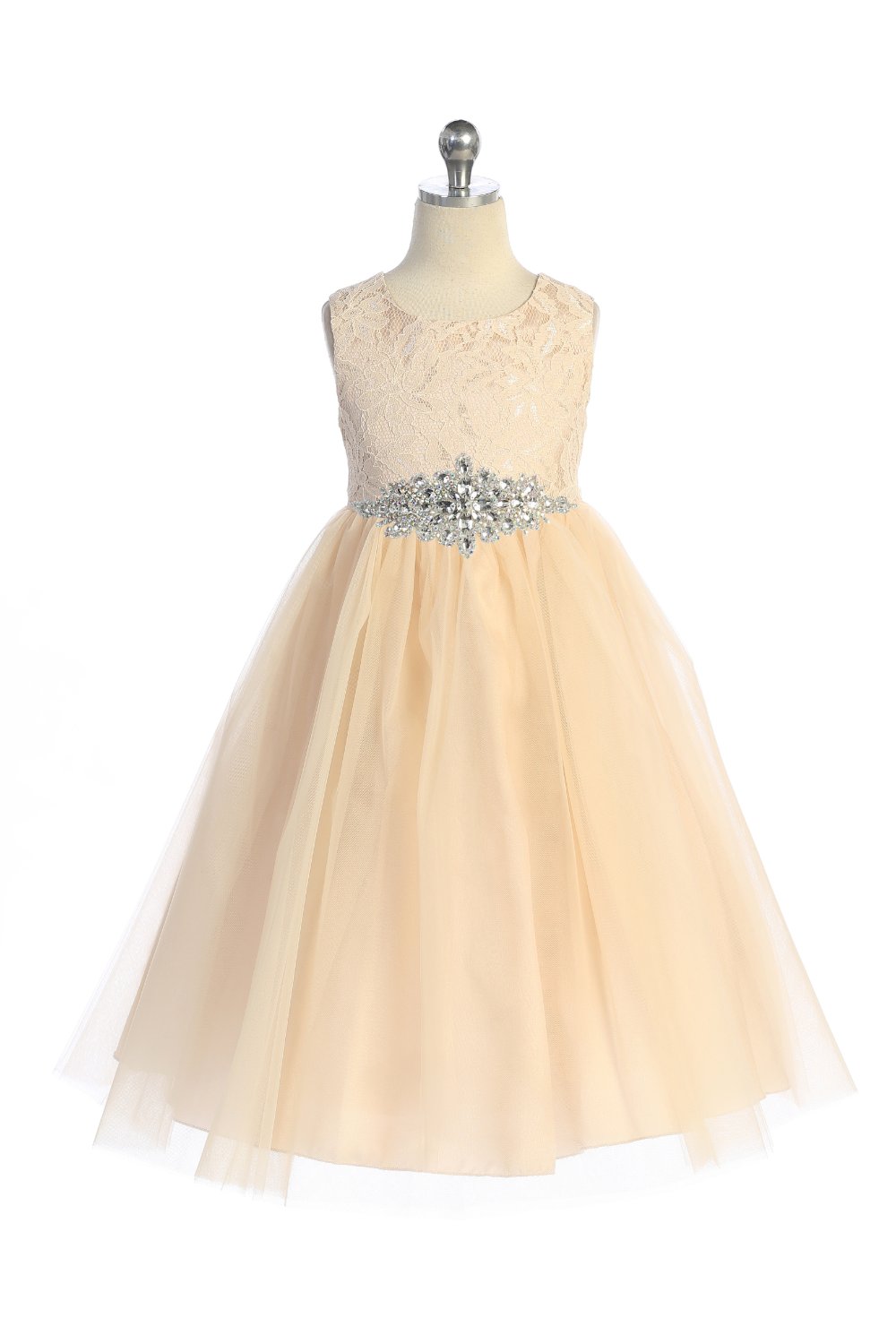 524-D Long Lace Illusion Dress w/ Diamond Shape Rhinestone Trim