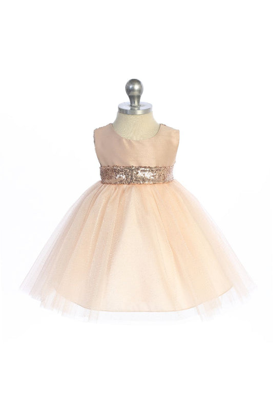 498B Blush/Rose Gold Sequins V Back & Bow Baby Dress