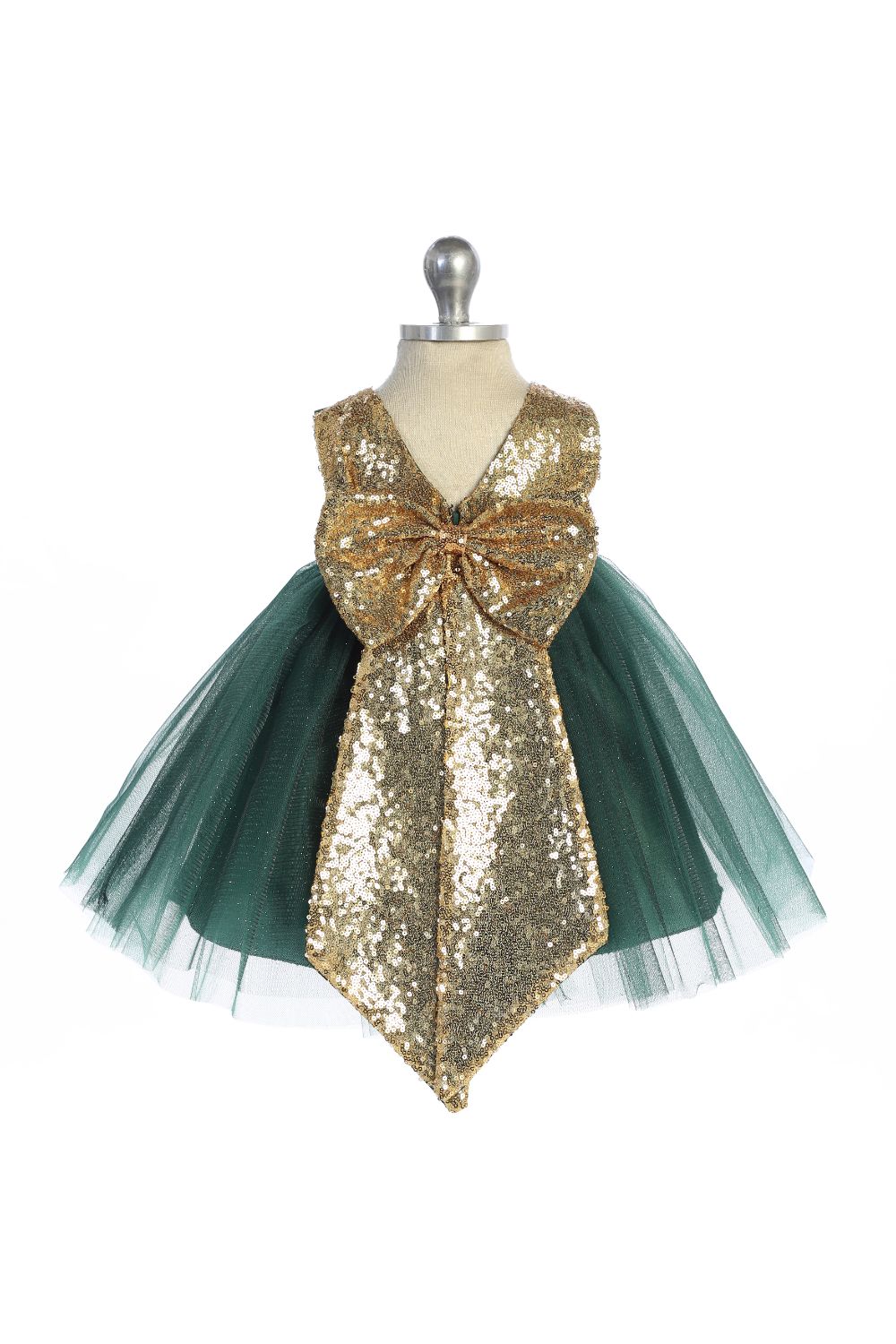 498B Gold Sequins V Back & Bow Baby Dress